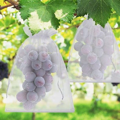 50 Pcs Fruit Protection Bags, 6x9 White Fruit Netting Bags for Fruit Trees Fruit Cover Mesh Bag with Drawstring, Netting Barrier Bags for Grapes Mango Fruit Trees Veggies Garden