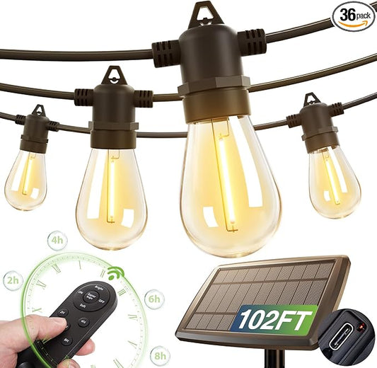 addlon 102FT(96+6) Solar String Lights Outdoor Waterproof with USB Charging & Remote Control - Dimmable Solar Power Patio Lights with LED Bulbs for Porch, Garden, Yard, Market, Bistro - Lasts 20+ Hrs