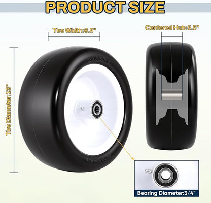 13x6.50-6 Flat Free Lawn Mower Tires and Wheels, 1/2" 3/4" 5/8" Ball Bearings, 13x6.5-6 Solid Front Tire for Zero Turn Lawnmower, Smooth Tires for Commercial Grade Lawn, 5.5"-7.5" Centered Hub, 2 Pack
