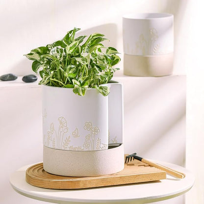 Nihow Self Watering Pots for Indoor Plants,8 Inch,White & Nature | Hand Painting,Ceramic Planter, Drainage Hole & Water Storage Plus, Cylinder Round Flower Pot, For Succulent/Herbs/Violets