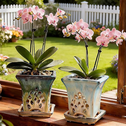 Ceramic Orchid Pots with Holes attached Saucers 4.8 Inches - Set of 2 Small Square Orchid Pots for Repotting, Decorative Ceramic Orchid Planter with Hole for Healthy Root Growth Green Blue Mixed
