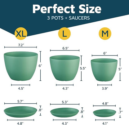 Mint Plant Pots with Drainage Holes & Saucers 3 Pack, Indoor & Outdoor Stackable Space-Saving Planters for Houseplants & Flowers, (7", 6.7", and 6" Inches), Durable & Weatherproof Materials