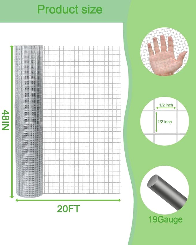 Hardware Cloth 48in x 20ft 1/2 Inch 19 Gauge, Hot-Dipped Galvanized Welded Wire Mesh, Low Carbon Steel, Animal Cage Wire Netting, Garden Wire Mesh
