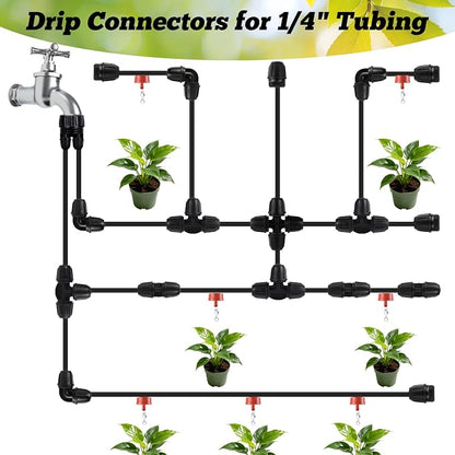 70 Pcs 1/4 Inch Drip Irrigation Fittings Kit,Drip Irrigation Hose Connector for 1/4 Inch Drip Tubing with 25 End Plugs, 15 Tees,10 Straight Couplings,10 Elbows,10 Cross 4-Way Connector