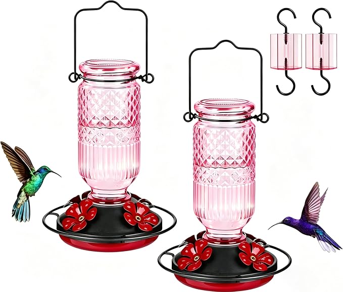 FEED GARDEN Glass Hummingbird Feeder for Outdoors Hanging, 16 OZ Humming Bird Feeders with 4 Bee Guard Feeding Ports & Built-in Ant Moat, Hummingbird Gifts for Mom Bird Feeder for Outside, Pink,2 Pack