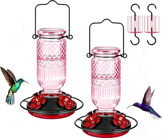 FEED GARDEN Glass Hummingbird Feeder for Outdoors Hanging, 16 OZ Humming Bird Feeders with 4 Bee Guard Feeding Ports & Built-in Ant Moat, Hummingbird Gifts for Mom Bird Feeder for Outside, Pink,2 Pack