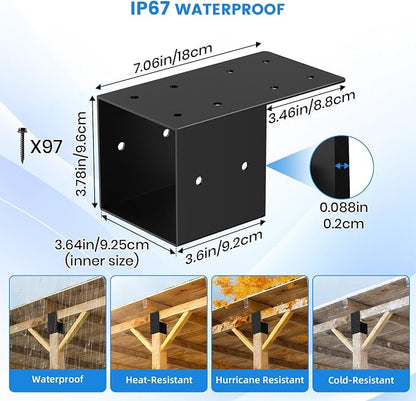 8 Pcs pergola Brackets 4x4(Actual Size 3.6'' x 3.6''), 4x4 pergola Bracket kit for Wood Post, Black Powder-Coated, Post Top Rafter Brackets or Gazebo,Log Cabins, Sunroom and Deck Railing Brackets