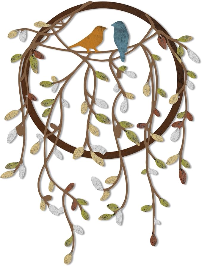 Ferraycle Metal Wall Art Bird on Tree Branch Silhouette with Drooping Vines Bird Art Decor Rustic Metal Spring Decor for Living Room Outdoor Garden Porch Wall Housewarming Party Gift(Classic Color)