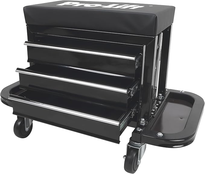Pro-Lift Mechanic Roller Seat with Tool Box - 3-Drawer Rolling Tool Chest Stool with Padded Seat Cushion for Garage Creeper – 400 Lbs Capacity