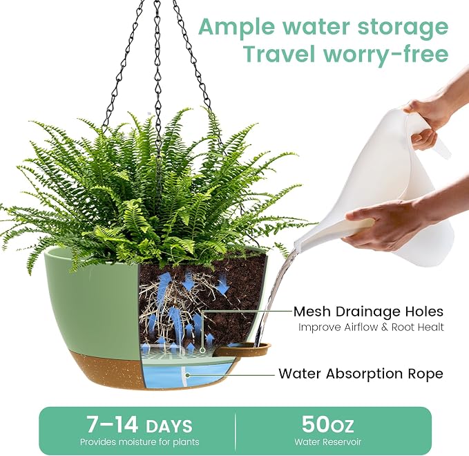 UOUZ 13 Inch 2 Pack Large Self Watering Hanging Planters for Indoor Outdoor Plants, Hanging Plant Pots with Removable 50 Oz Reservoir, Plastic Hanging Basket for Window Porch Garden, Green with Brown