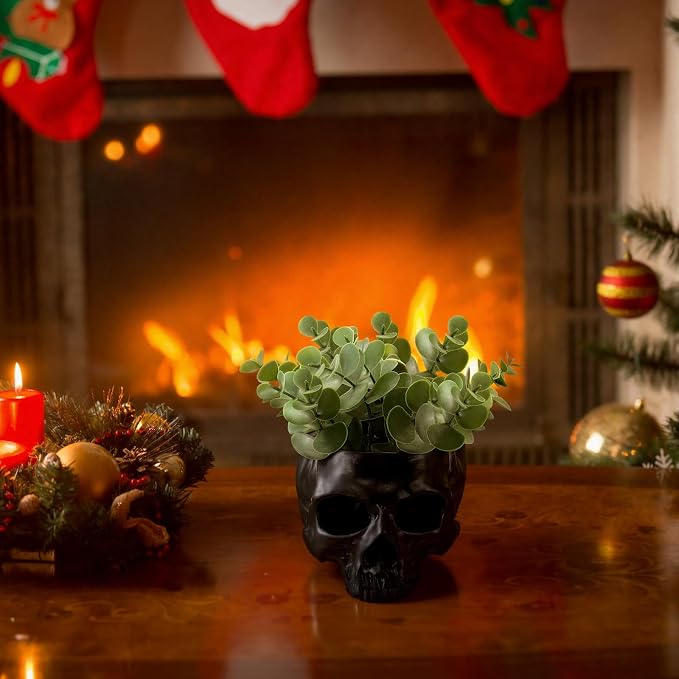 2 Pack Hanging Skull Planter Pot with Ropes Gothic Skeleton Plant Pot Skull Candy Bowl for Succulent Plants Flowers Horror Head Wall Decoration (Black)