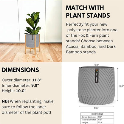 Fox & Fern Large Indoor Planter, Modern Large Plant Pot for Indoor or Outdoor, UV and Frost Resistant - 12 Inch, Matte Gray Flower Pot with Drainage Plug, 3D Printed Design
