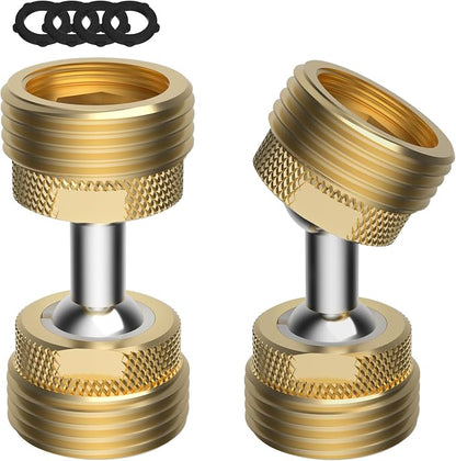 2 Pack Swivel All-Metal Garden Hose Adapter, 3/4" GHT Hose Protector, Male | Solid Brass, Double Male Thread, Flexible Pipe Kink Protector, Dual 65° Big Rotation at Both Ends, Outdoor Faucet Connector