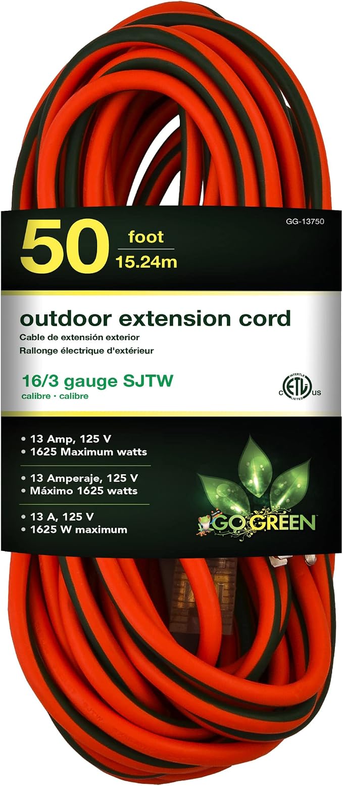 WORX WG520 12 Amp TURBINE 600 Electric Leaf Blower and GoGreen Power GG-13750 16/3 50’ SJTW Outdoor Extension Cord, Lighted End, 50 Ft