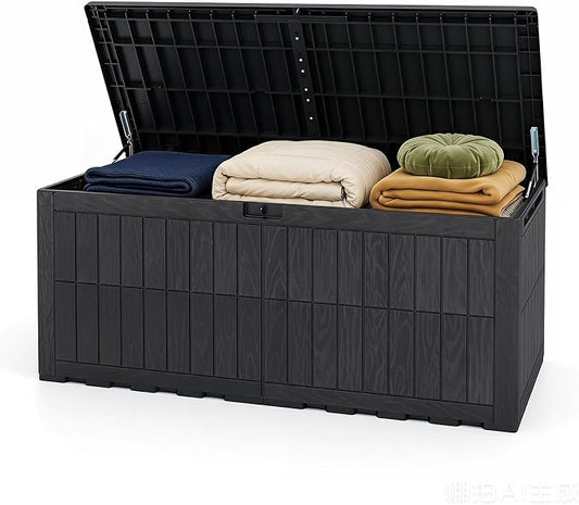 Tangkula 180 Gallon Outdoor Storage Box, Waterproof PP Resin Patio Storage Box with Lockable Lid for Indoor & Outdoor Use, 2-in-1 Rattan Design Deck Box for Cushions, Garden Tools