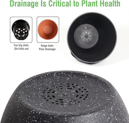 UOUZ 12/10/9 Large Modern Plant Pots, Plastic Planters with Drainage Holes and Saucers for Indoor Outdoor Plants Flowers, Black Speckles