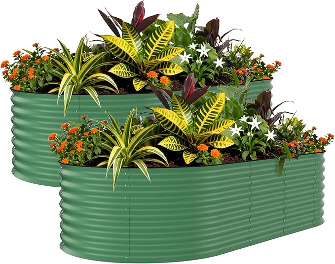 Garvee 8x4x2ft Galvanized Raised Garden Bed, Oval Metal Planter Box with Anti-Cut Safety Edges, 479 Gallons Rust-Resistant Deep Root Planter for Outdoor Vegetables, Flowers, Herbs, Green