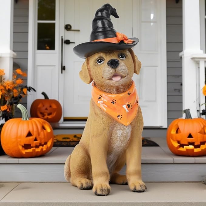 Holiday Decorations Indoor Dog Statue - Halloween Decor Figurine for Outdoor Indoor Mysterious Christmas Tabletop Puppy Sculpture Witch hat, Spooky Gifts Ghost Garden Decorations Rottweiler 5x7x13INCH