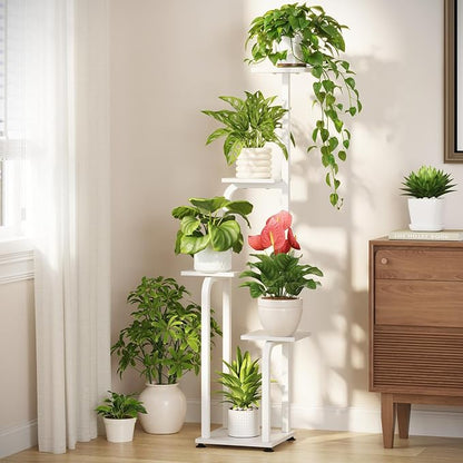 LASZOLA 5 Tiered Plant Stand Tall for Indoor Corner, Modern Multiple Flower Display Rack with Wooden Tray, Vertical Planter Shelf for Living Room Bedroom Patio Garden Balcony, White