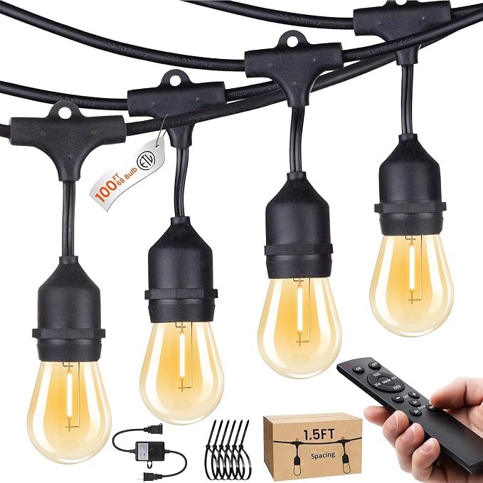 SUFEIMAS LED-Outdoor-String-Lights-Patio-Light-Outside 100FT Waterproof String Light with Remote Dimmer Outdoor Lighting with 68 Plastic Bulbs Hanging Lights for Porch Garden Backyard,1.5 FT Spacing