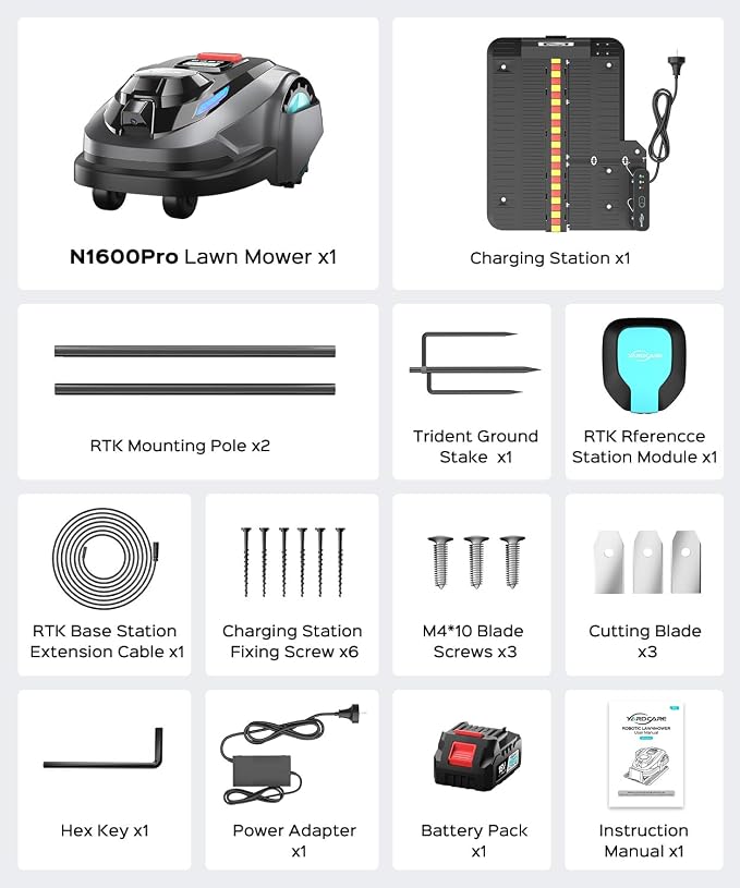 YARDCARE N1600 PRO Wireless Robotic Lawn Mower, RTK & Vision Navigation, Up to 0.4 Acre Coverage, Smart App Control, Multi-Zone Mapping, Systematic Mowing Robot