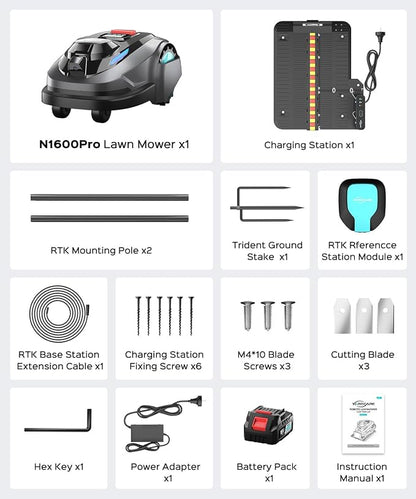 YARDCARE N1600 PRO Wireless Robotic Lawn Mower, RTK & Vision Navigation, Up to 0.4 Acre Coverage, Smart App Control, Multi-Zone Mapping, Systematic Mowing Robot