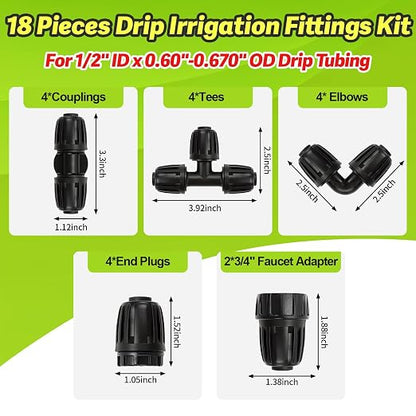 18 Pieces1/2 Inch Drip Irrigation Fittings Kit, 1/2'' Drip Line Barbed Locked Connectors for 1/2 Inch Irrigation Tubing (1/2" ID x 0.670" OD) Includes Coupling Tee Elbow Plug Faucet Adapter