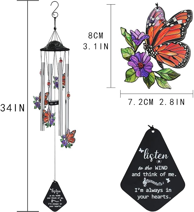34'' Butterfly Wind Chimes for Outside Memorial Windchime Home Garden Decor | Wind Chimes Outdoor Large,Butterflies Aluminum Tube Windchimes With S hook,Sympathy Gifts for Loss of Loved One,Mom Women