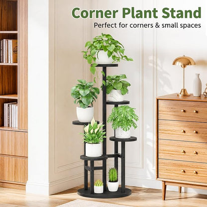 LASZOLA 5 Tiered Wood Plant Stand Indoor Corner, Flower Holder Rack Tall for Multiple Plants, Rustic Planter Shelf Display for Patio Garden Balcony Living Room， Black