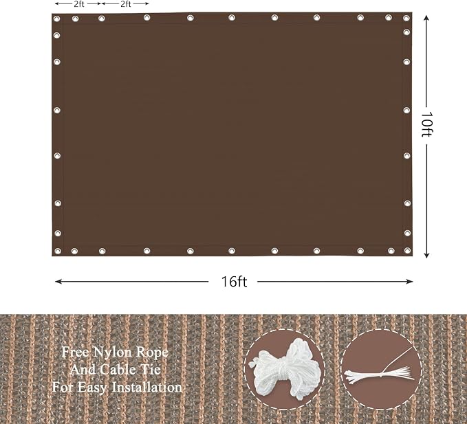 90% Outdoor Sun Shade Cloth, 10' x 16', Pergola, Deck, and Backyard Patio Sunshade with UV Protection, Heat Resistant HDPE Material, Reinforced Grommets (10x16 FT, Brown)