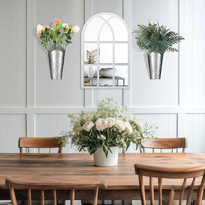 Chunful 3 Pcs Farmhouse Wall Decoration, Includes Self Adhesive Arched Acrylic Mirror and 2 Galvanized Planters, Farmhouse Mirrors with Wooden Frame Metal Tin Vases for Home Bedroom Living Room