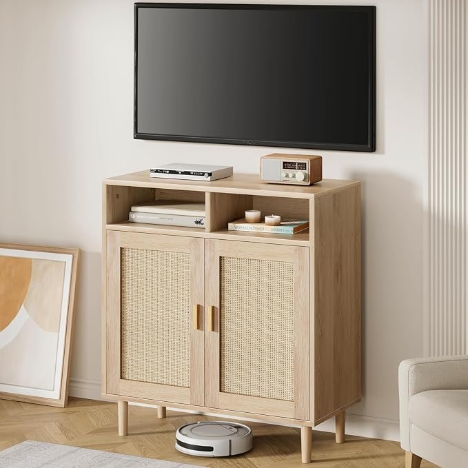 Garvee 36" Modern Rattan Sideboard Cabinet - 2-Door Storage Buffet with Shelf, Boho TV Stand & Coffee Bar for Dining Room, Kitchen & Entryway