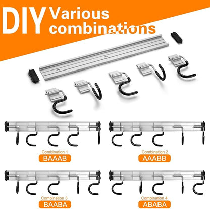 HUPBIPY 34.5'' Aluminum Alloy Garden Tool Organizer Wall Mount Garage Organizers and Storage with Hooks Tool Hangers for Shed Hooks for Shovel, Rake, Broom & More
