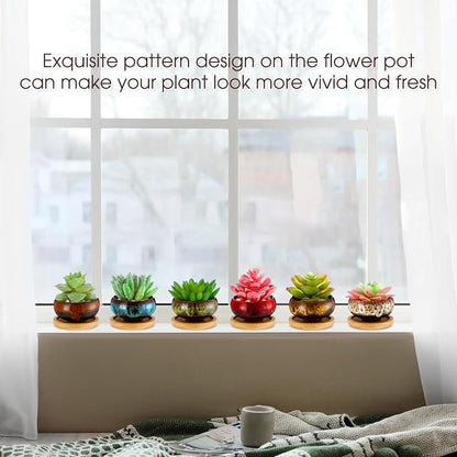 24 Pcs Ceramic Succulent Pots 2.5 Inch Small Plant Pots Indoor with Drainage and Bamboo Saucers Colorful Succulent Flower Planters for Garden Plants Home Decor