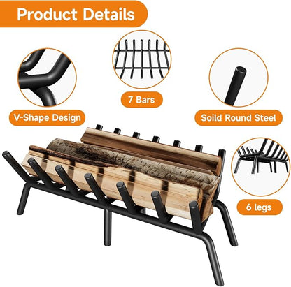 SUZLON Fireplace Grate 17 inch 6 Bar Fireplace Log Grate Heavy Duty Solid Steel Indoor Chimney Hearth with 6 Enhanced Stability Legs Kindling Tools Pit Wood Stove Firewood Burning Rack Holder