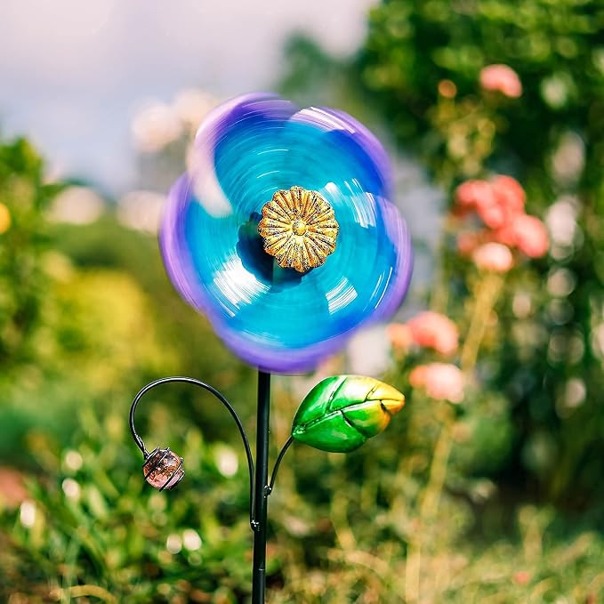 Viveta Wind Spinner with Metal Stake, Garden Pinwheels | Blue Flower Shape Design Wind Spinners for Yard Lawn Patio Decor, 28.7 inches
