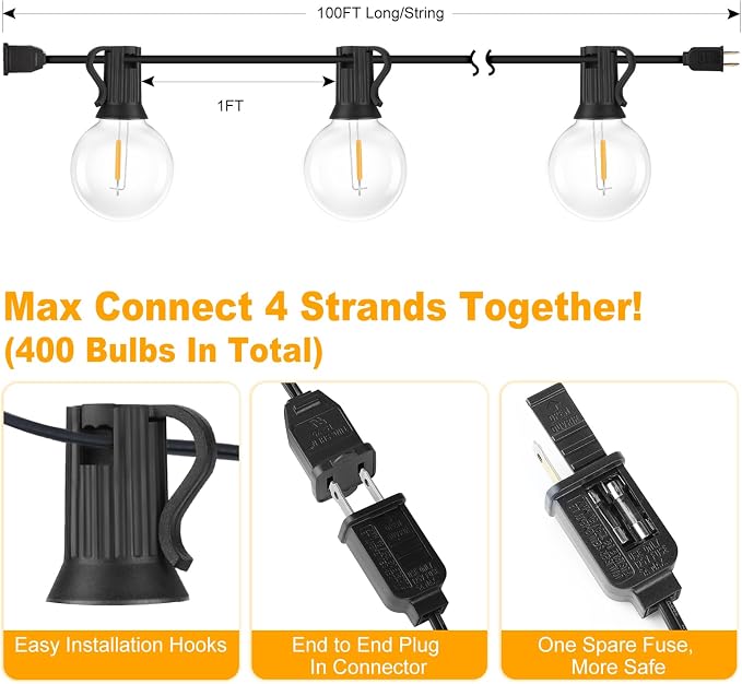 Bosceos 100FT 104 Bulbs G40 LED Globe String Lights, Dimmable Waterproof Shatterproof Patio Lights, Connectable Commercial Hanging Light for Patio House Backyard Balcony Party Bistro
