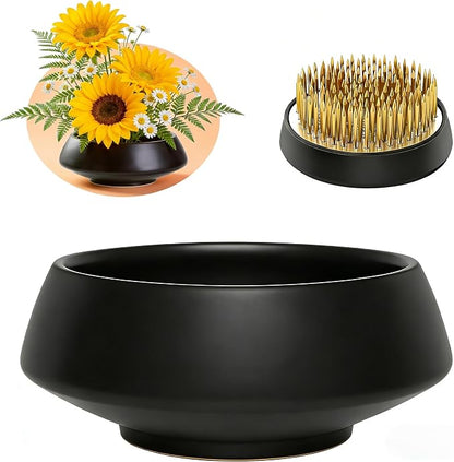 Ceramic Flower Pot Flower Arrangement Set Japanese Ikebana Floral Art Supplies Handmade Flower Bowl Decorative Flower Vase for Centerpieces (Small Black)
