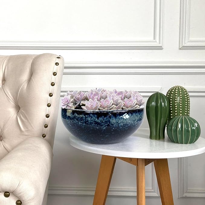 11 Inch Glazed Terracotta Plant Pot Round Ceramic Succulent Planter Pot with Drainage and Mesh Pad Cactus Clay Bonsai Pot (Blue)