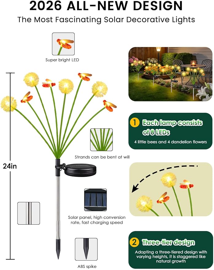 EEW Solar Garden Lights Outdoor 8 Pack 64 LED Swaying Dandelion Bee Lights | 2 Modes (Steady on, Slow Twinkle),Cute Flower Pathway Lights for Yard Lawn Patio Party Garden Wedding Pathway Decorations