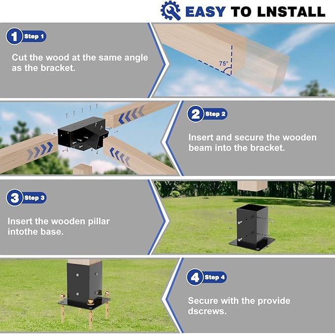 Pergola Kit, Slanted Roof Pergola Bracket, 4-Way Brackets with Post Base Kit, Log Cabin Outdoor 4"x 4" (Actual 3.5" X 3.5") Lumber