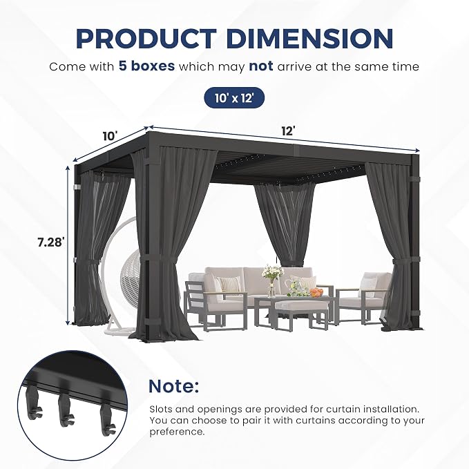 10' x 12' Louvered Pergola, Aluminum Frame Outdoor Pergola with Curtains & Netting, Adjustable Louvered Roof & Integrated Gutter System, Hardtop Patio Gazebo for Backyard, Patio, Garden, Dark Gray