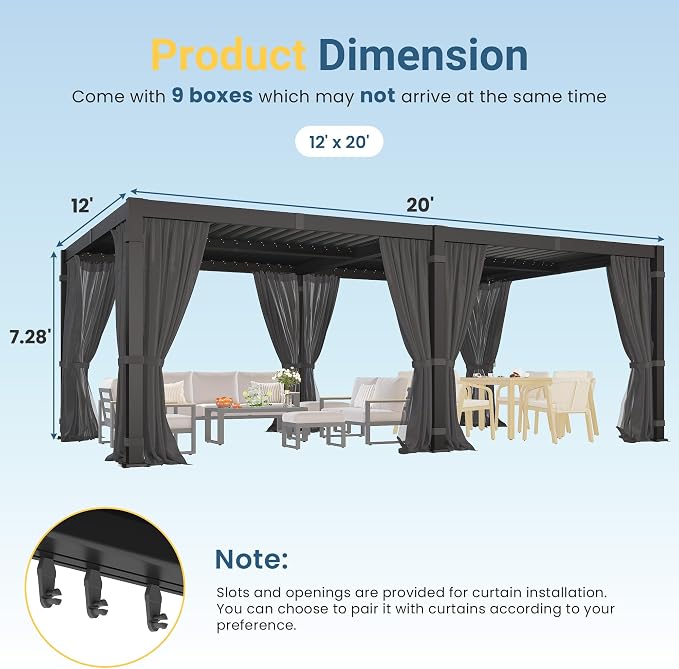 12' x 20' Louvered Pergola, Aluminum Frame Outdoor Pergola with Adjustable Louvered Roof, Curtains & Netting, Gutter System, Outdoor Hardtop Patio Gazebo for Patio, Deck, Garden, Yard, Dark Gray