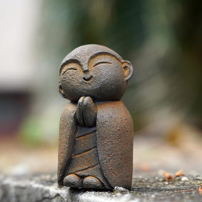 OwMell Japanese Jizo Monk Statue, Buddha Jizo Figurine Memorial Aquarium Statue Ornament - Tilt Smile Iron