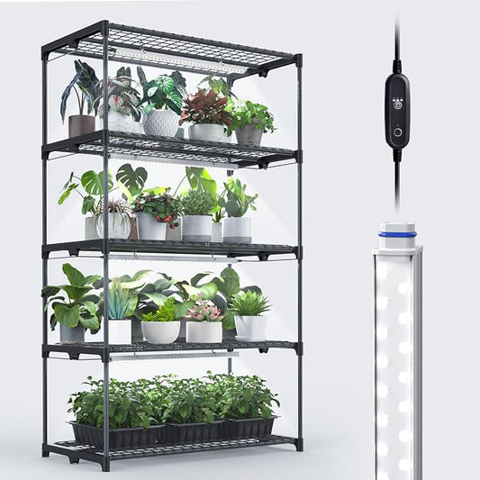 Plant Shelf with Grow Light, 5 Tier Plant Stand with Grow Light, Metal Plant Rack with 4 Pack 60W Plant Light for Indoor Plant, Seed Start, Seedling, Seed Trays, 17.7" W x 29.5" L x 59" H