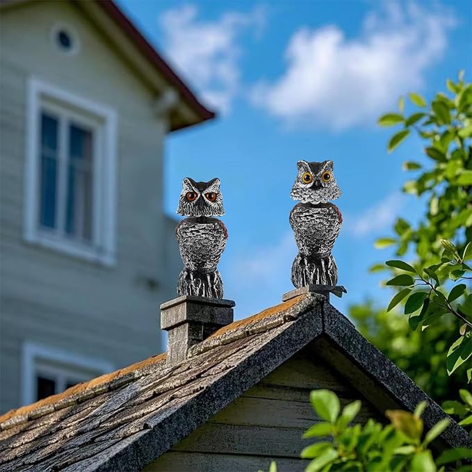 Hausse 2 Pack Fake Owl Decoy Bird Scarecrow Sculpture, 11.2 inch Wagging Head Plastic Owl Scare Birds Away, Owls Statue Nature Enemy Horned Pest Repellent for Outdoor Garden Yard
