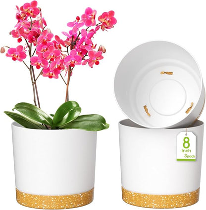 ZMTECH Plant Pots, Set of 3 8'' Self Watering Plastic Planter with Drainage Hole and Saucer, Modern Decorative Flower Pot for Indoor Outdoor House Plants, Succulents, Flowers - White