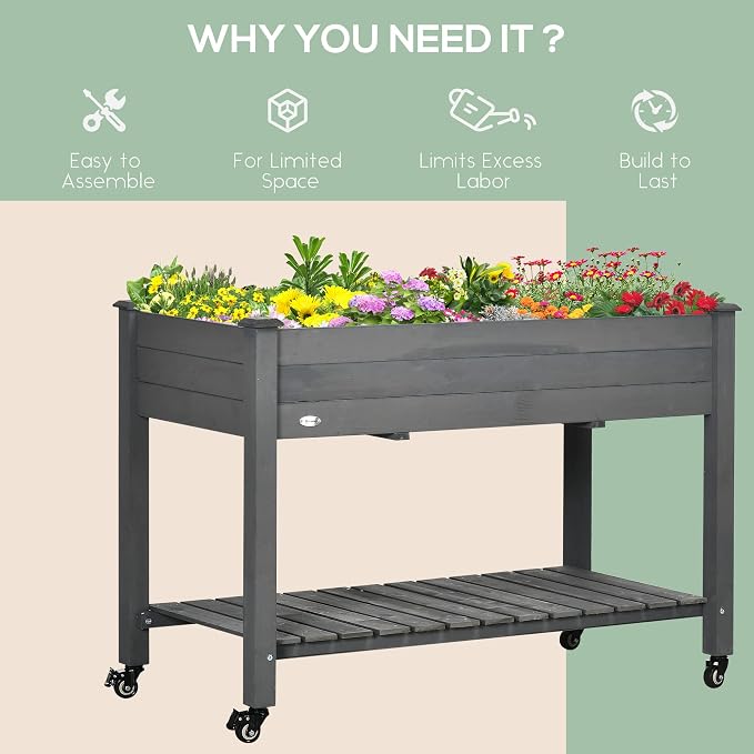 Outsunny Raised Garden Bed, 47" x 22" x 33", Elevated Wooden Planter Box w/Lockable Wheels, Storage Shelf, and Bed Liner for Backyard, Patio, Dark Gray