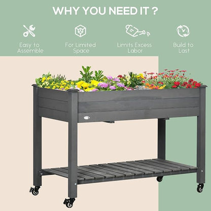 Outsunny Raised Garden Bed, 47" x 22" x 33", Elevated Wooden Planter Box w/Lockable Wheels, Storage Shelf, and Bed Liner for Backyard, Patio, Dark Gray