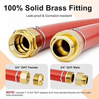 SPECILITE 1" Hot/Cold Garden Water Hose 75ft, -50℉ to 190℉, High Water Flow, Flexible & Lightweight, Heavy Duty Rubber Pipe with 1" to 3/4" Brass Adapters for All-weather Outdoor Industrial Farm, Red